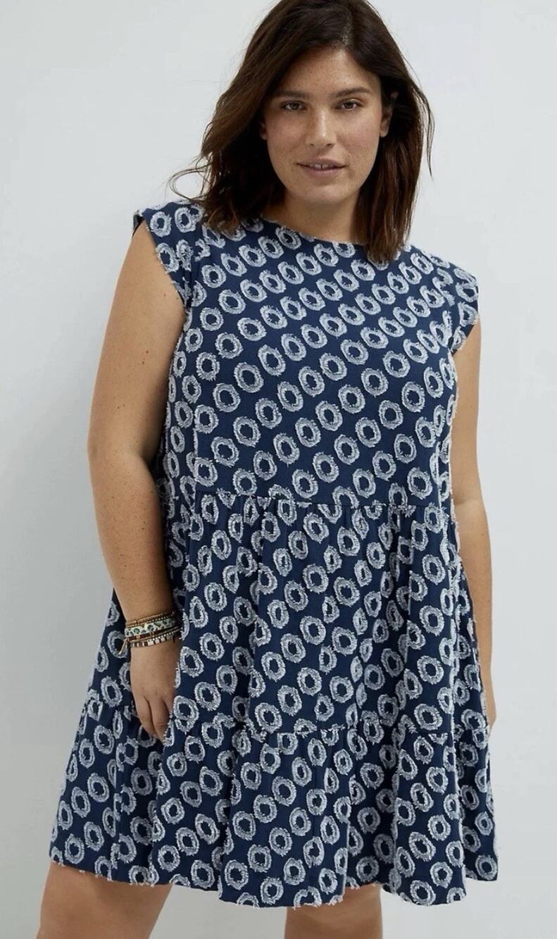 Maeve Lisanne Textured Tunic Dress Sz XL Blue White Circle Print Cottage Whimsy